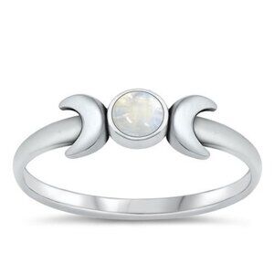 Sterling Silver 925 Dainty Minimalist Moonstone Crescent Moon Band Ring Sz 6.75